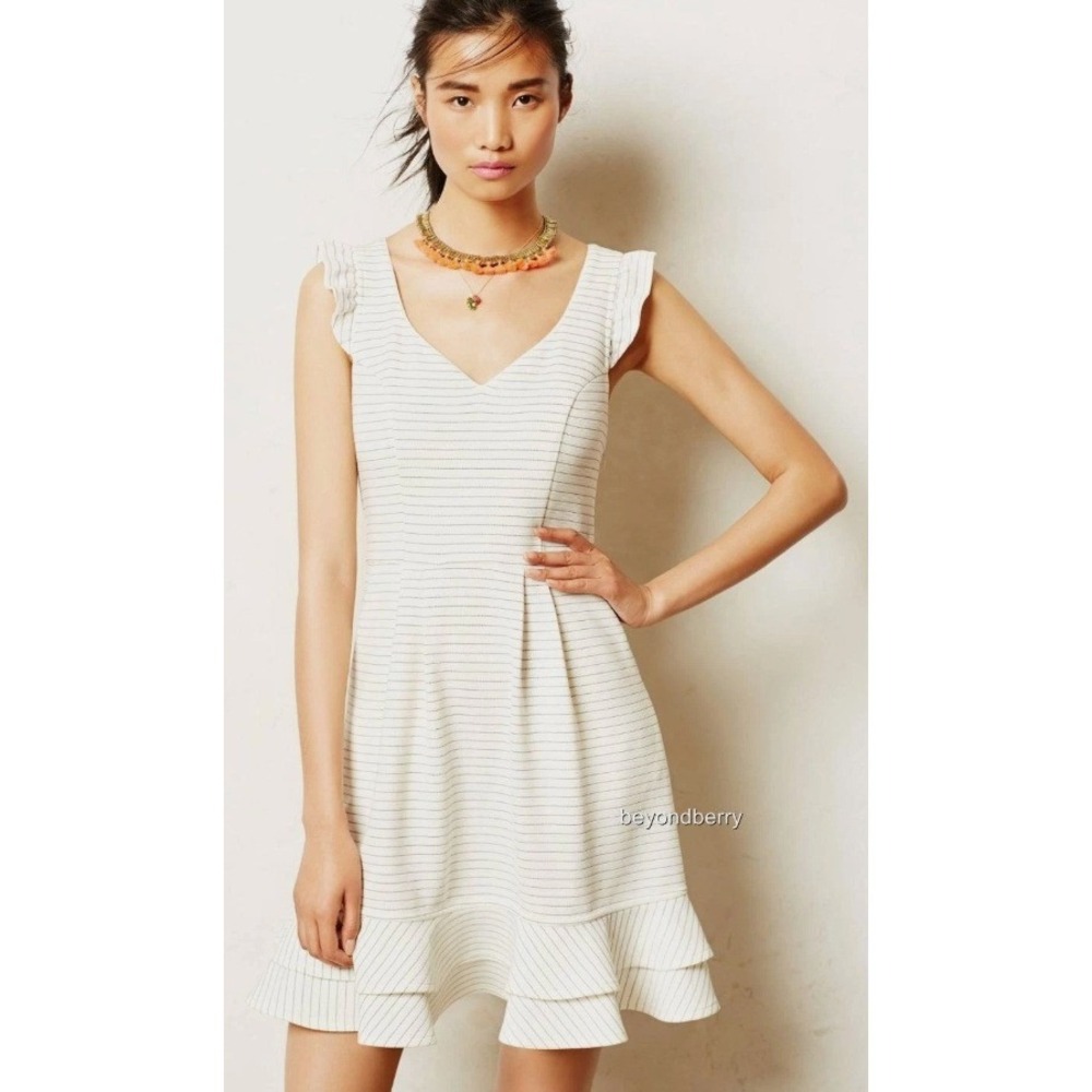 Anthropologie Maeve Sunland Dress White Pinstripe Ruffle Fit Flare Dress Size 10
